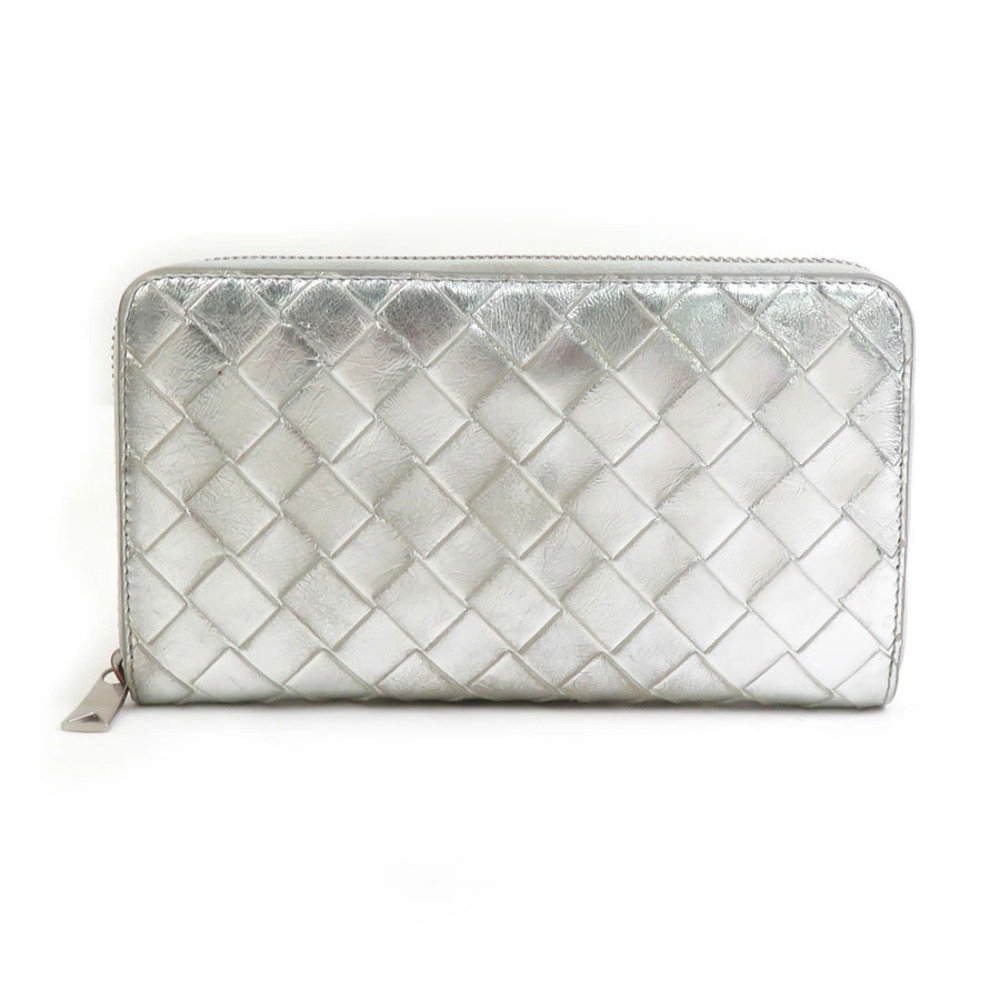 Bottega Veneta round zipper long wallet Intrecciato leather silver